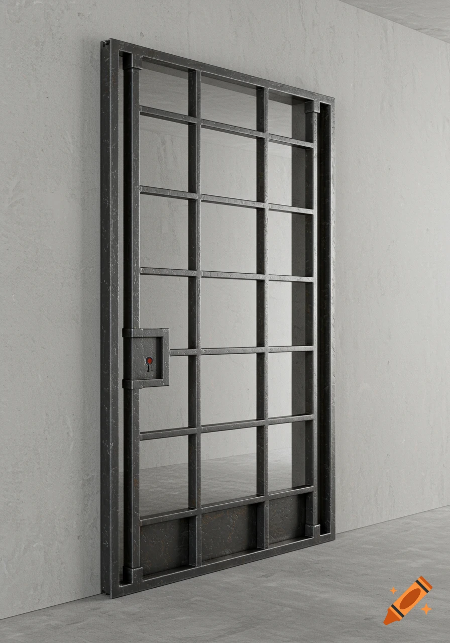 A photorealistic image of a dark metal grate door with a small lock, set against a concrete wall and floor.