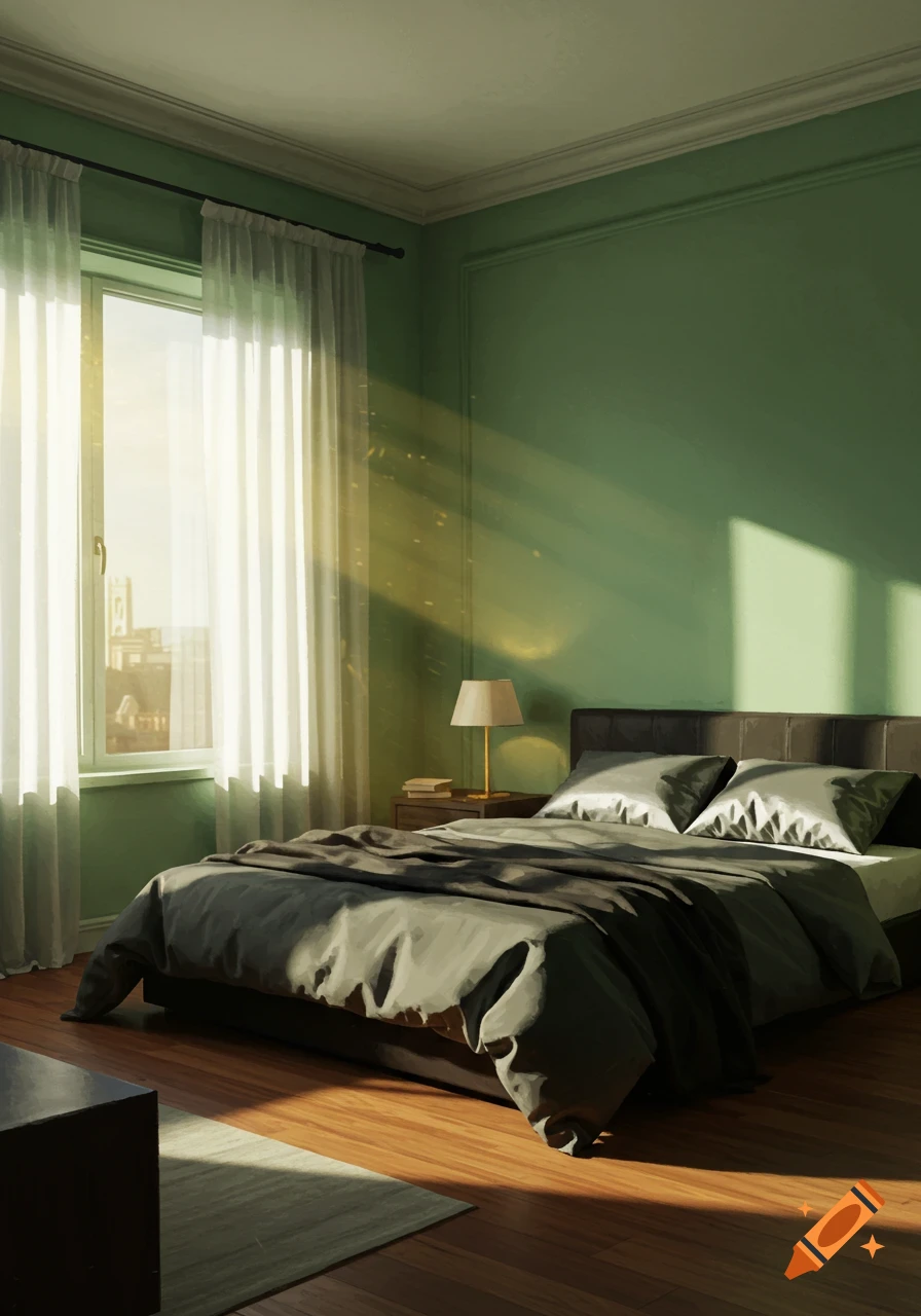 A sunlit bedroom with moss green walls, a bed with a dark duvet, and a window with white curtains overlooking a city.