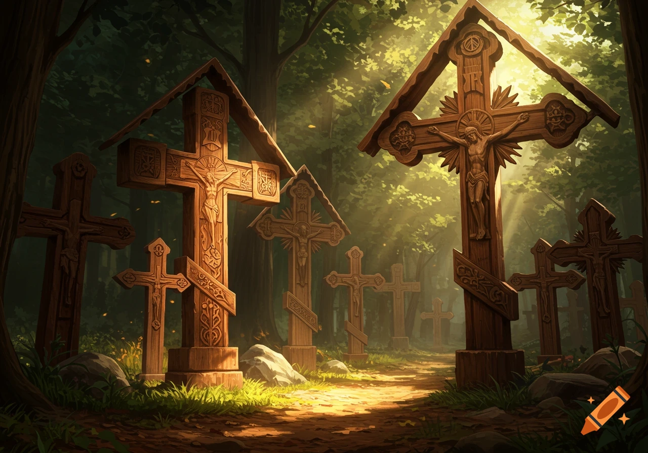 An array of intricately carved wooden crosses, some with crucifixes, stand in a sun-dappled forest path, glowing with light.