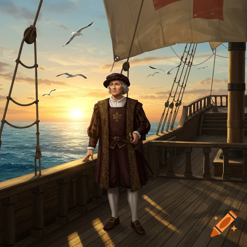 An illustration of Christopher Columbus standing on a wooden sailing ship deck at sunset, with seagulls flying.