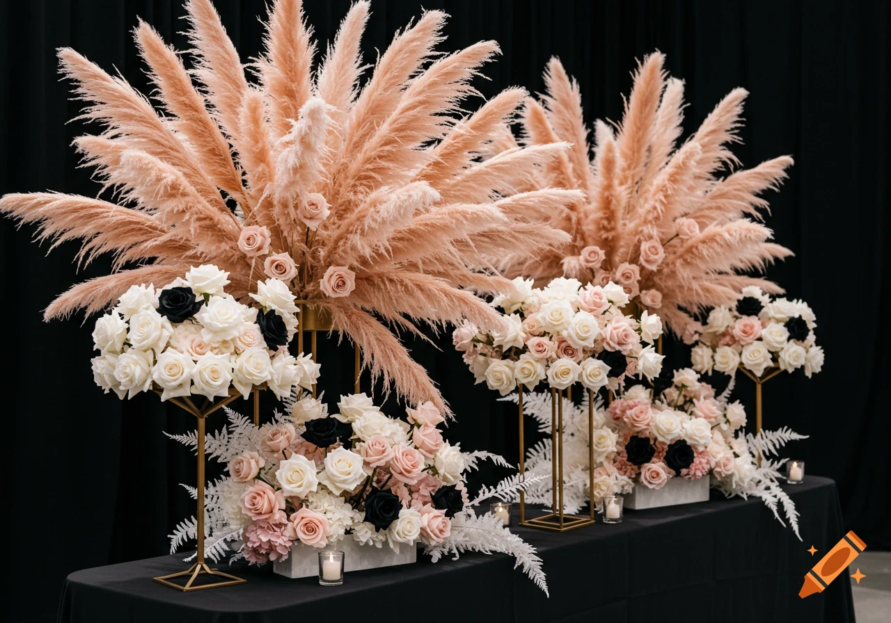 Photorealistic display of blush and white pampas grass and rose centerpieces on black tables with gold stands and candles.