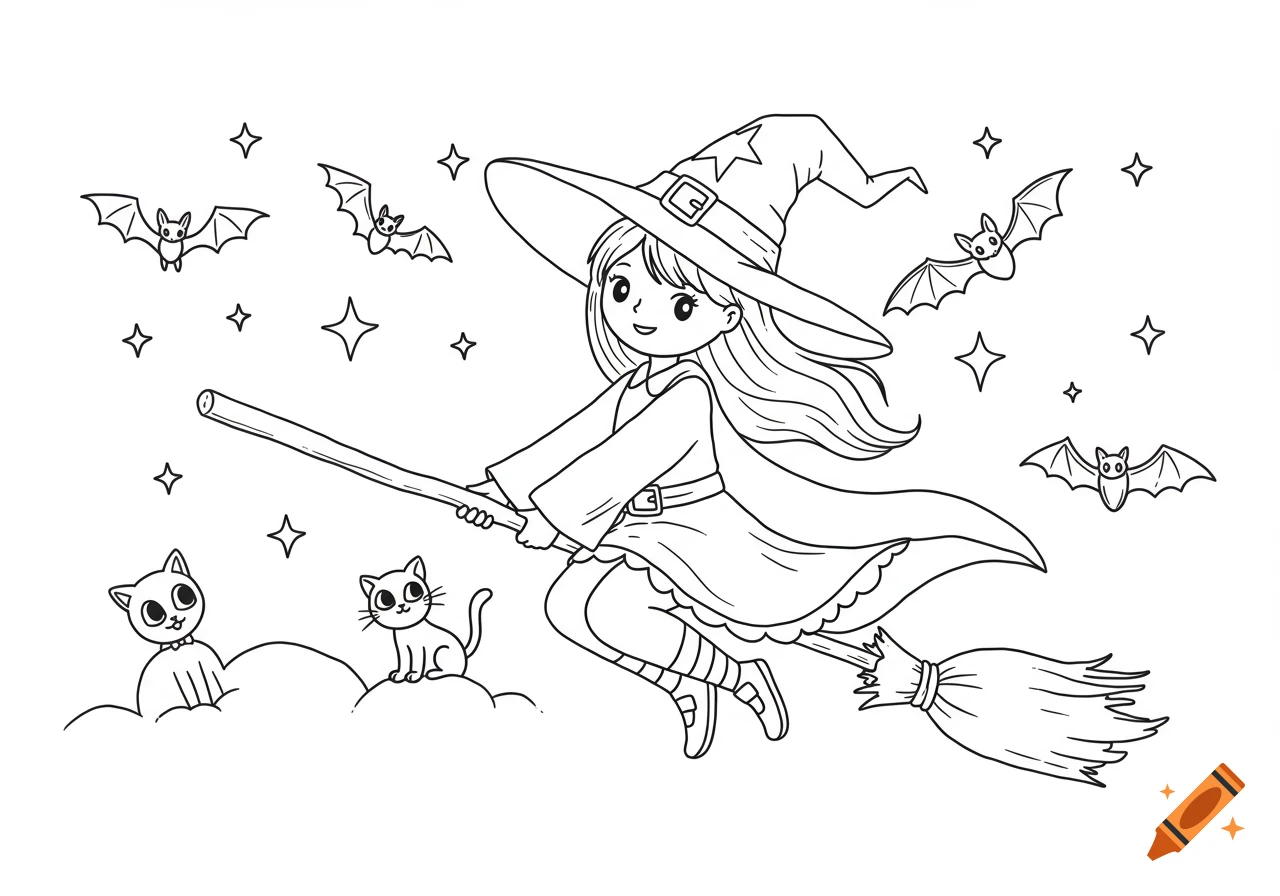 Cute cartoon witch flying on a broomstick with bats and cats, black and white line drawing coloring page.