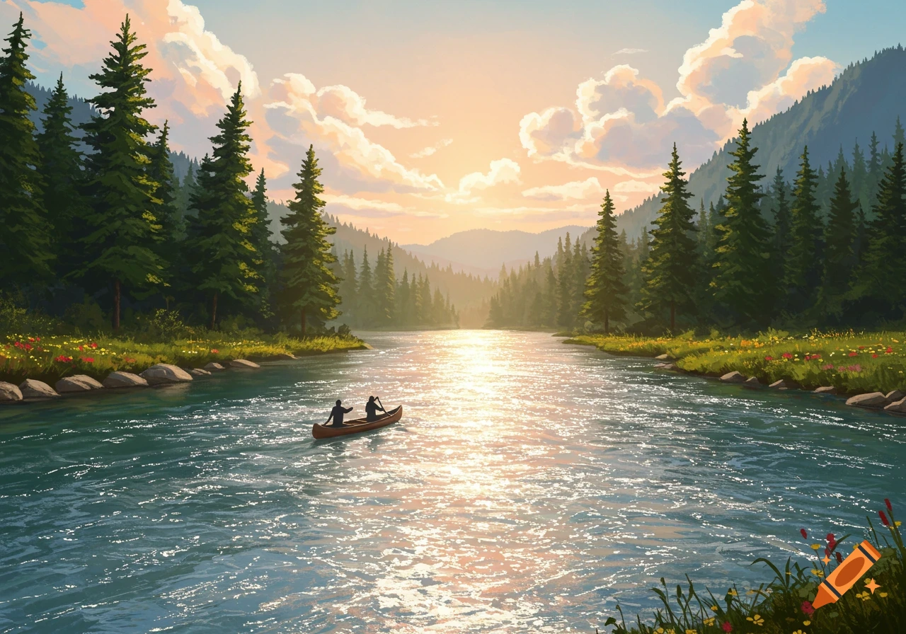 Two people canoe on a scenic river flanked by pine forests and mountains under a sunrise sky, in an illustrated style.