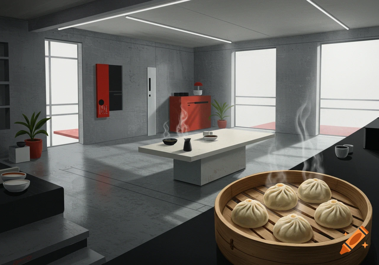 A modern concrete interior with a long table, plants, and a bamboo steamer basket filled with steaming dumplings on a black counter.