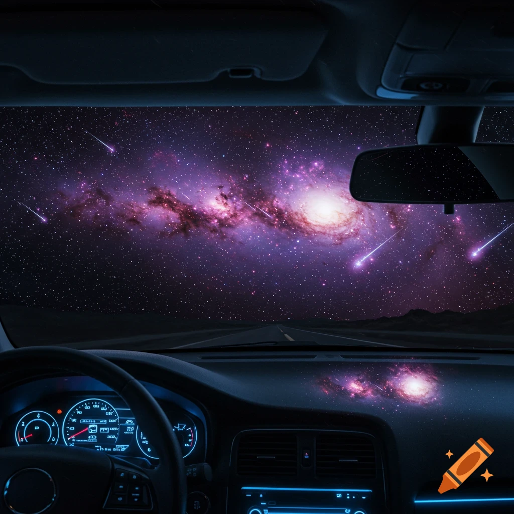 View from inside a car driving on a road under a vibrant purple galaxy filled with stars and shooting meteors.