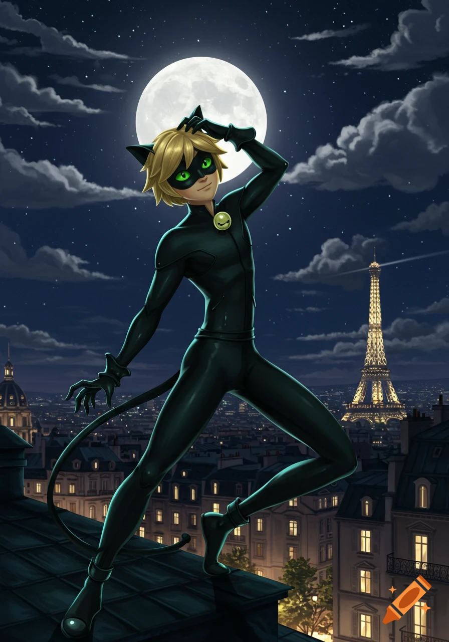 Stylized illustration of Chat Noir in a black suit, green mask, and cat ears, posing on a Parisian rooftop at night with a full moon and Eiffel Tower.