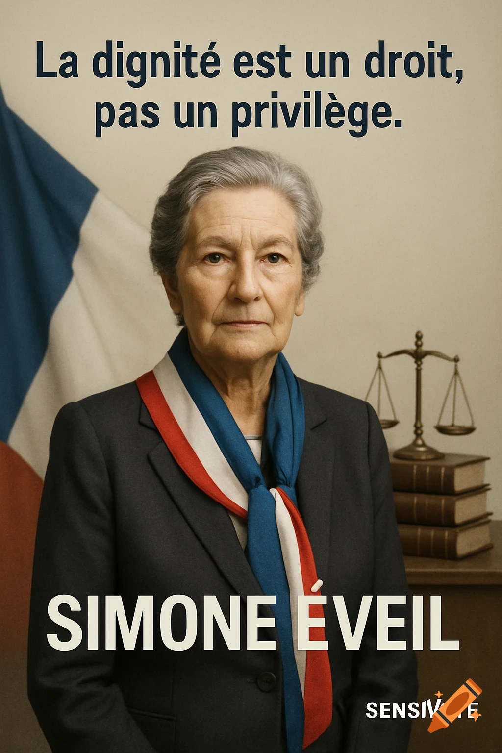 Photorealistic campaign poster of Simone Éveil, an elderly woman in a suit and French tricolor scarf, with French text.