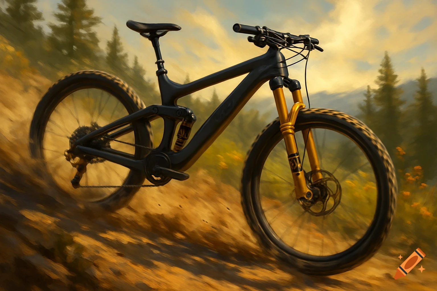 A black full-suspension mountain bike with gold forks and shocks on a dirt trail, framed by trees at sunset.