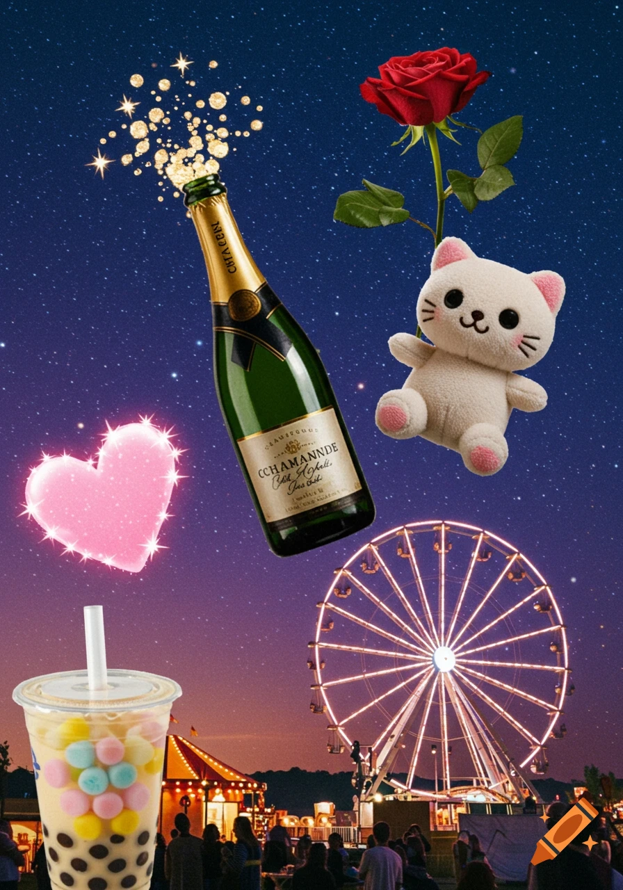 A surreal image featuring a champagne bottle, red rose, white cat plushie, pink glowing heart, and boba tea floating in a starry night sky above a festive fairground with a lighted Ferris wheel.