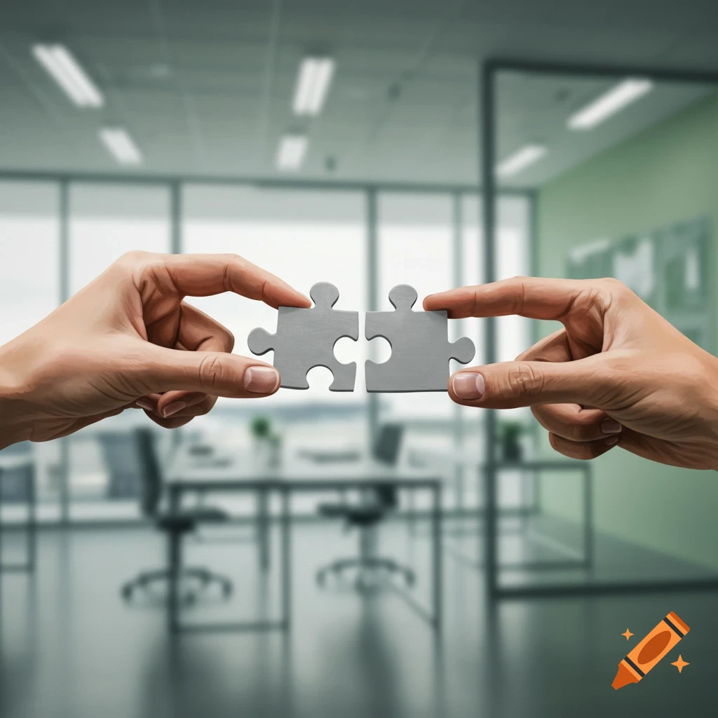 Two hands hold two perfectly fitting puzzle pieces against a blurred office background.