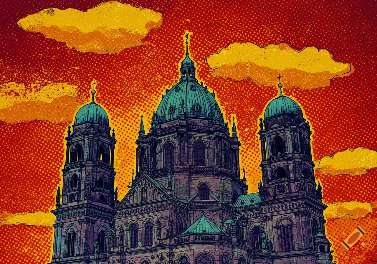 A pop art style image of a grand cathedral with a teal dome against a vibrant red and orange halftone sky.