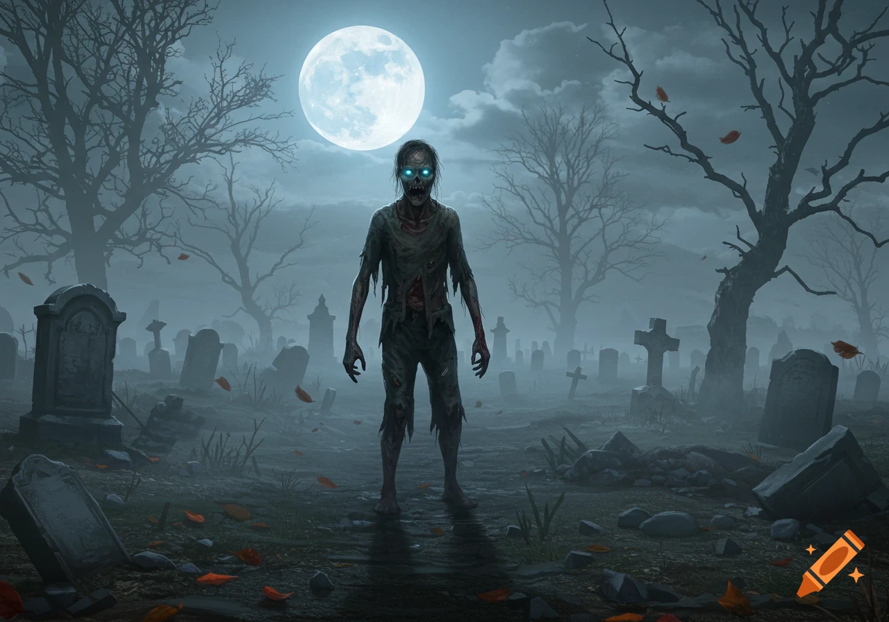 A zombie with glowing blue eyes stands in a misty graveyard under a bright full moon, with bare trees and tombstones.