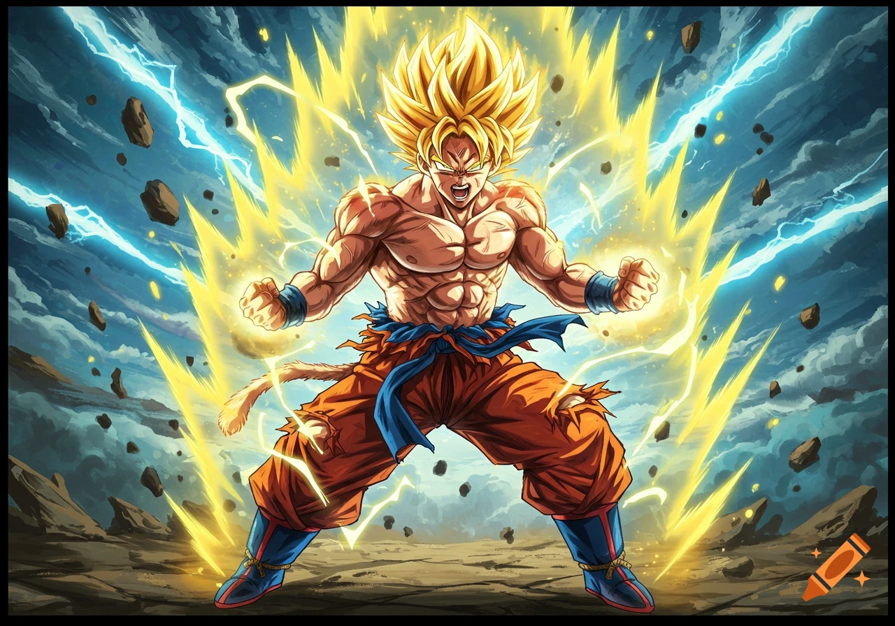 Goku from Dragon Ball Z powers up, surrounded by golden aura and blue lightning, with rocks floating in the background.