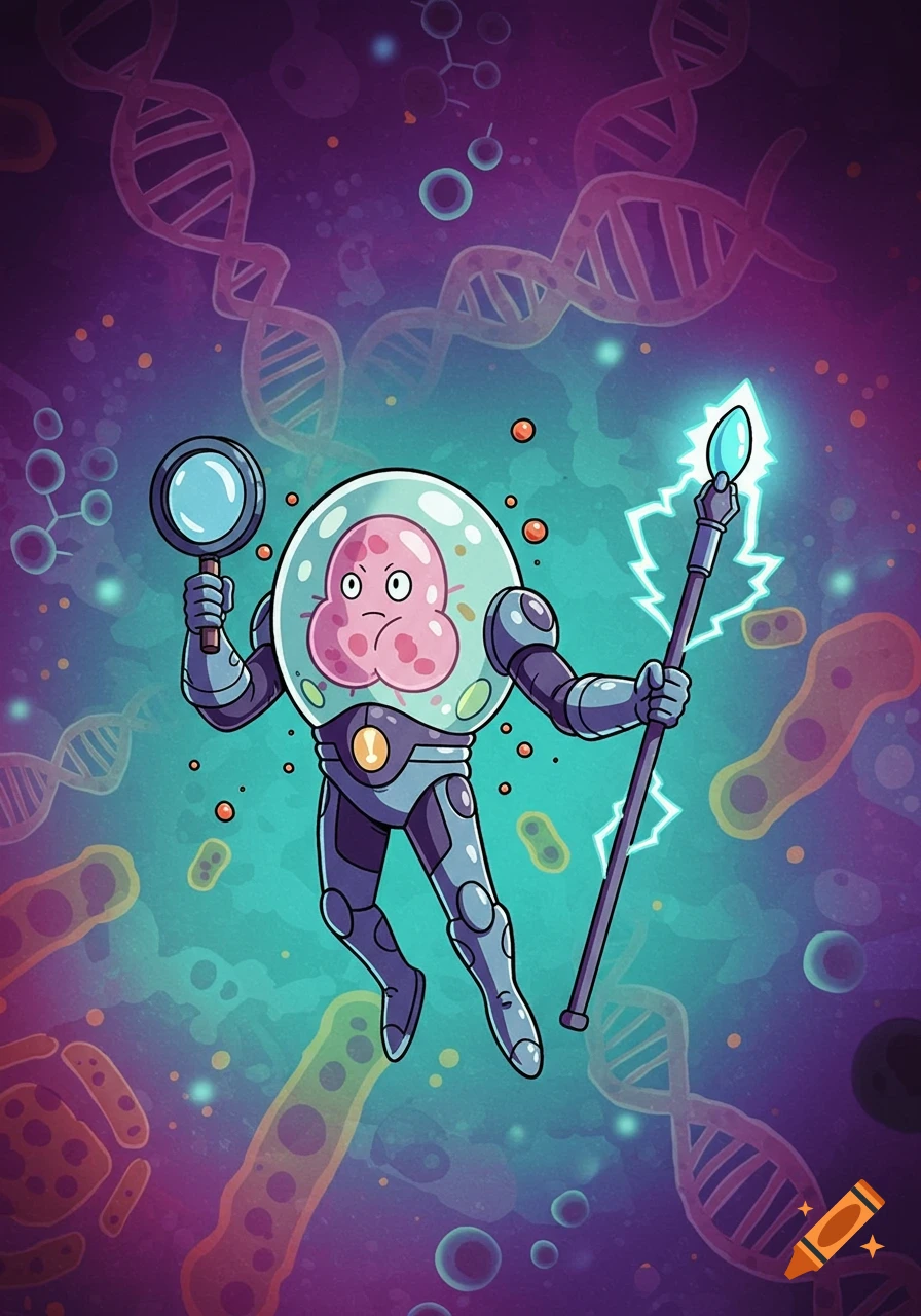 Cartoon Nucleus Commander, a pink brain-like organism in a futuristic suit, holds a magnifying glass and glowing staff against a science background with DNA.