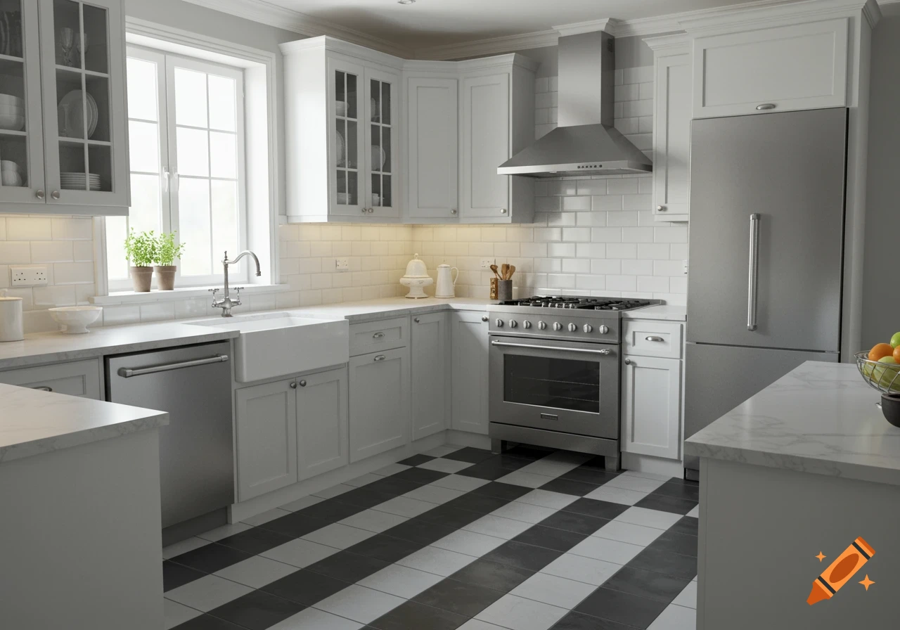 A modern U-shaped kitchen with white cabinets, subway tile, black and white tiled floor, stainless steel appliances, and a window over the sink.