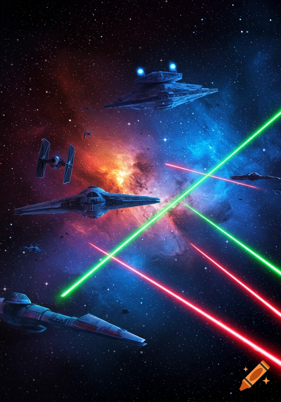 A vibrant space battle scene with multiple sci-fi spaceships firing red and green lasers across a colorful nebula.
