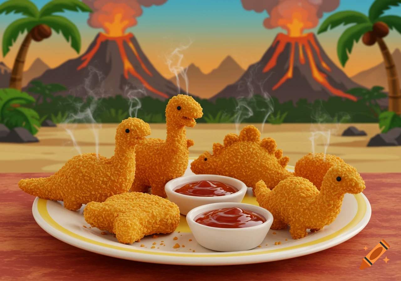 Golden-brown dinosaur-shaped chicken nuggets on a plate with ketchup against a cartoon background of erupting volcanoes and palm trees.