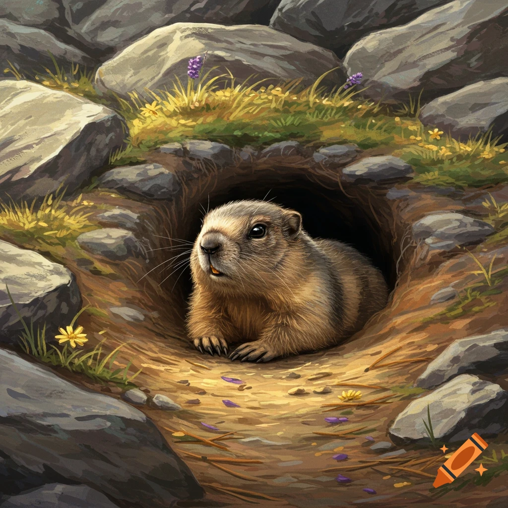 A fluffy brown marmot peeks out from a dark burrow entrance amidst rocks, grass, and small flowers, in a painterly style.
