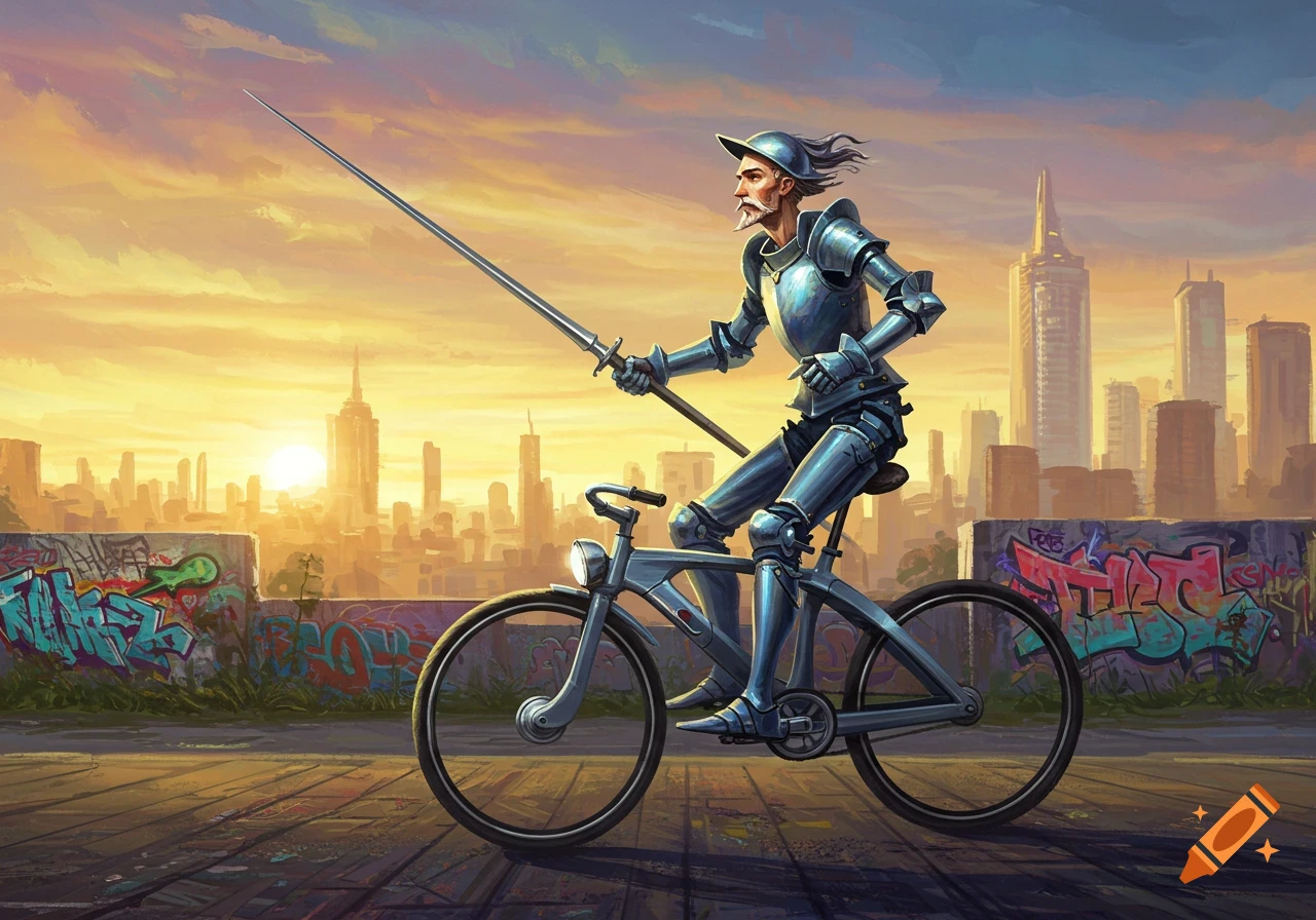 A knight in full armor rides a bicycle with a spear through a modern city at sunset, with graffiti-covered walls.