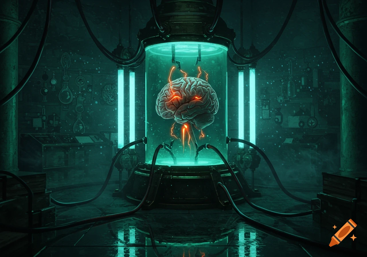 A glowing human brain in a liquid-filled cylinder with electrical arcs, surrounded by dark futuristic lab equipment.