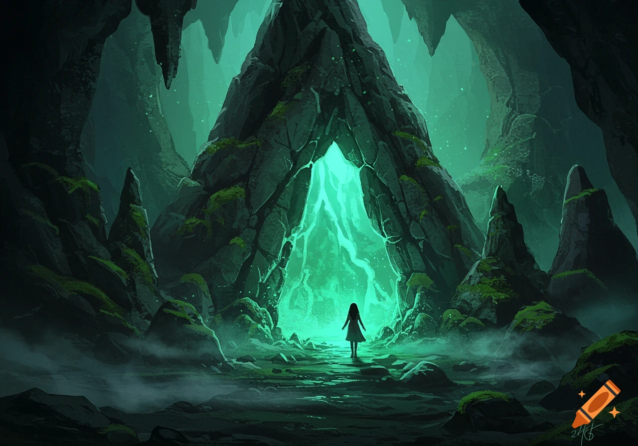 Digital painting of a lone girl silhouetted against a glowing green light at the entrance of a dark, mossy cavern.