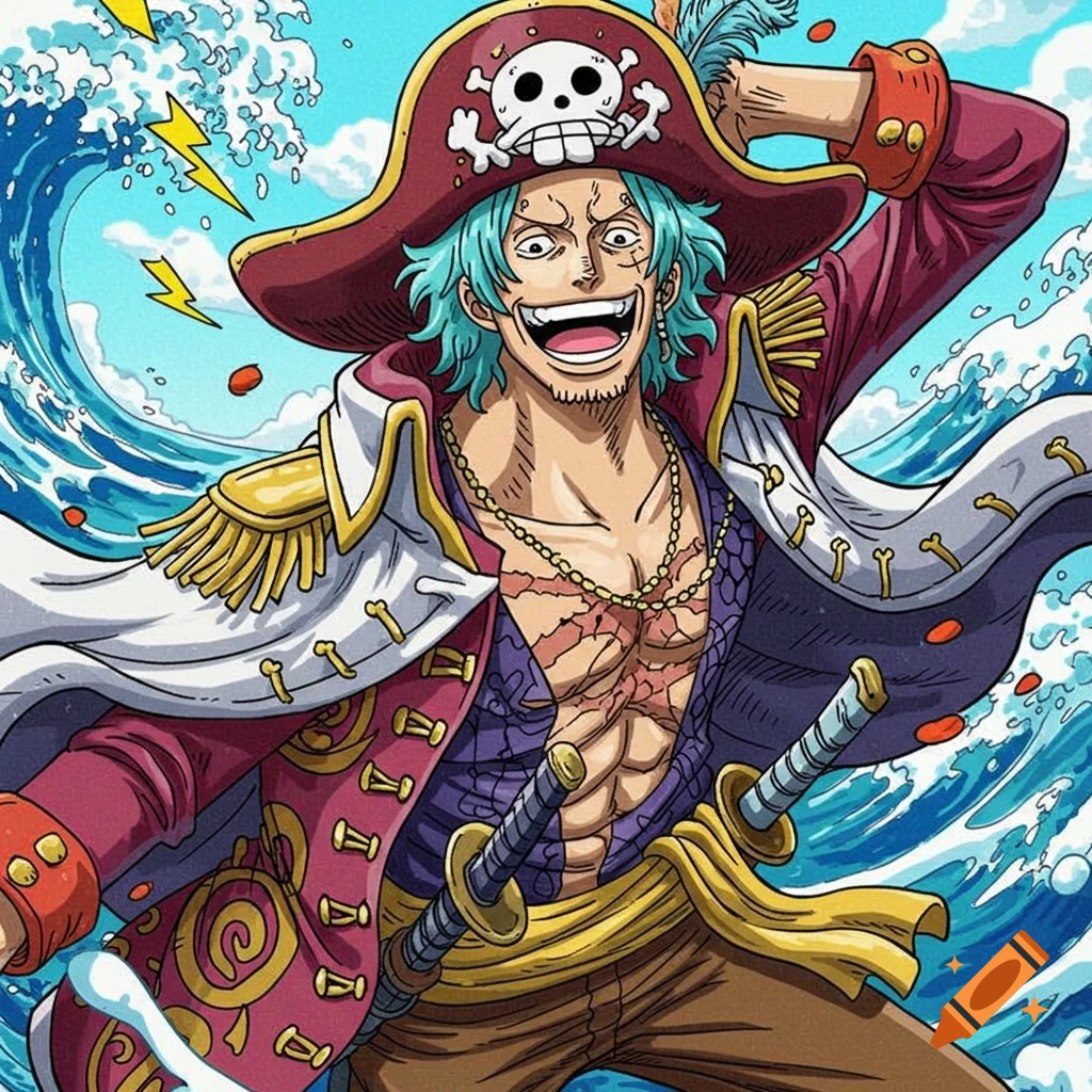 Anime pirate character with teal hair, scars, skull hat, and swords amidst stormy waves.
