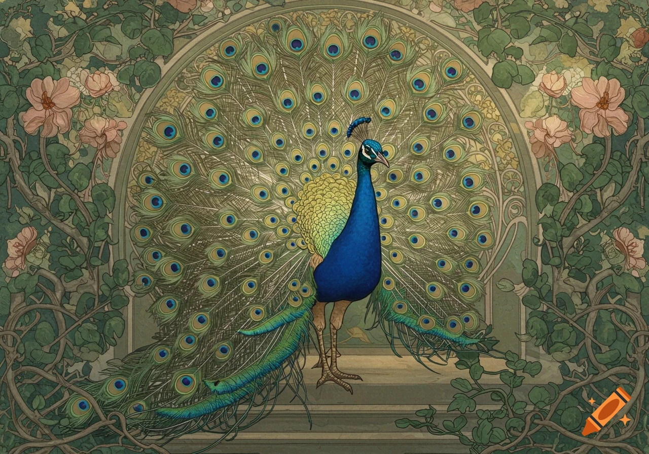 A vibrant peacock with a fanned tail, depicted in a decorative Art Nouveau style with floral patterns.