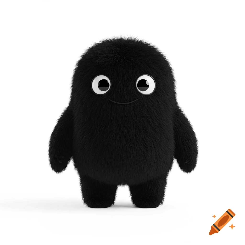 A fluffy, cute, black monster with large white eyes and a small smile stands on a white background.