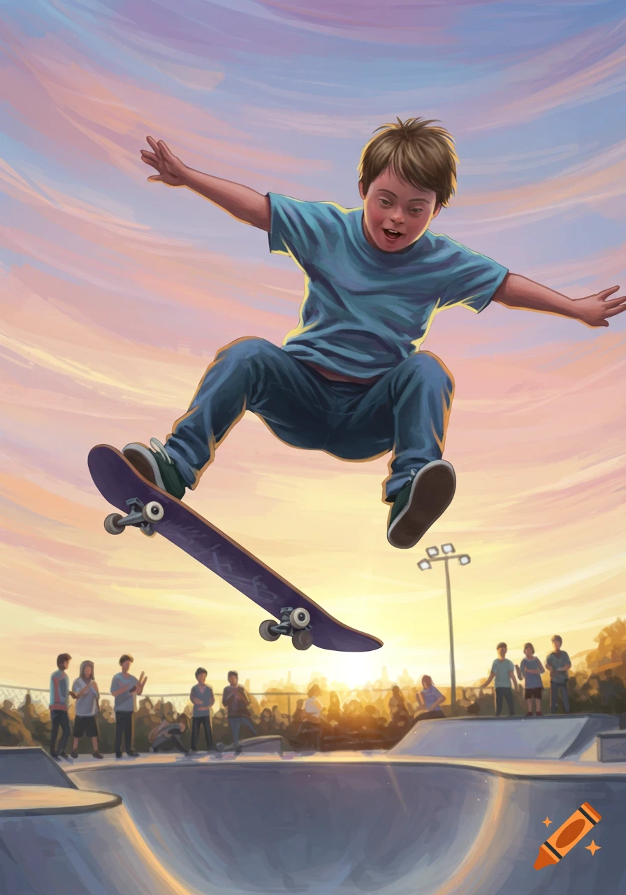 An illustration of a boy with Down syndrome doing an ollie on a skateboard at a sunset skatepark.