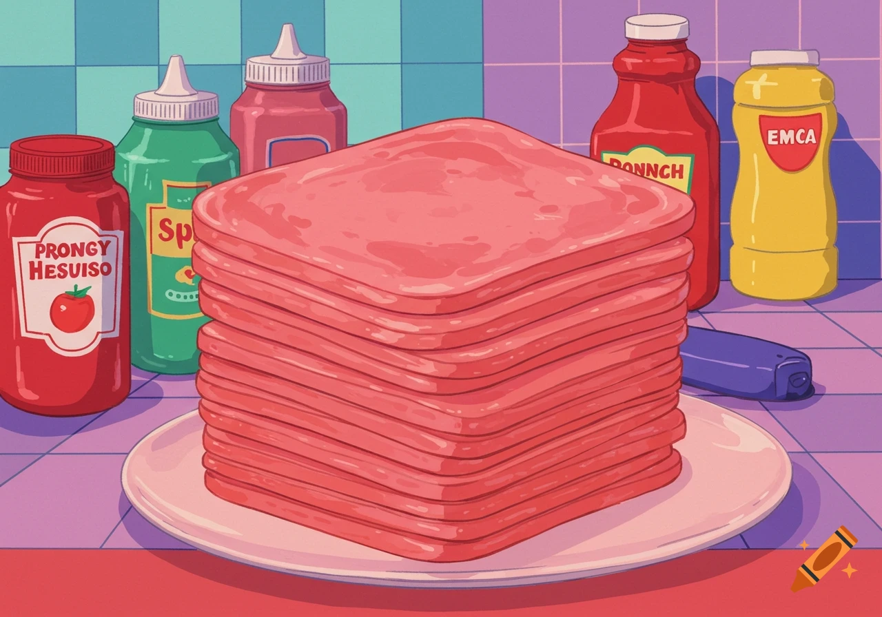 A large stack of pink ham slices on a plate, surrounded by colorful condiment bottles against a tiled background in an illustrative style.