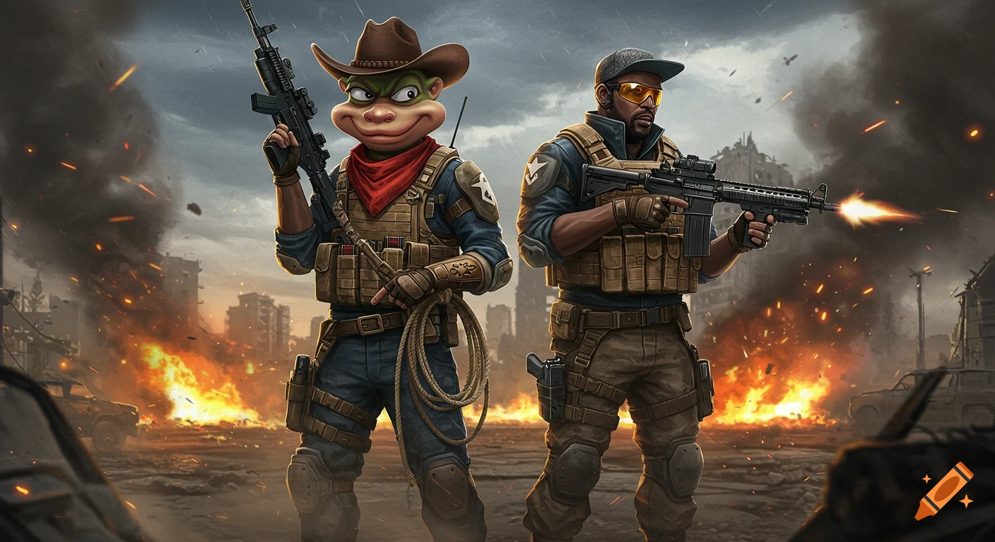 A frog-like cowboy and a human soldier, armed, stand ready for battle in a war-torn city filled with smoke and fire, one firing a rifle.