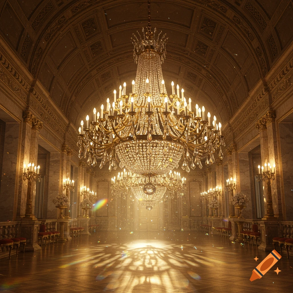 Grand ballroom with multiple sparkling crystal chandeliers, ornate golden decor, and a polished wooden floor illuminated by light.