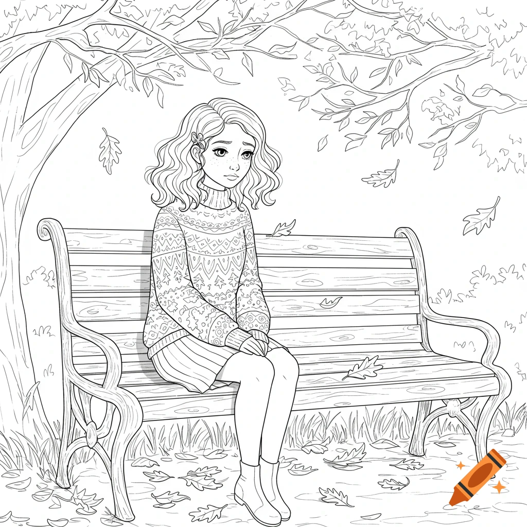 Black and white coloring page of a sad girl with curly hair sitting on a park bench under a tree with autumn leaves.