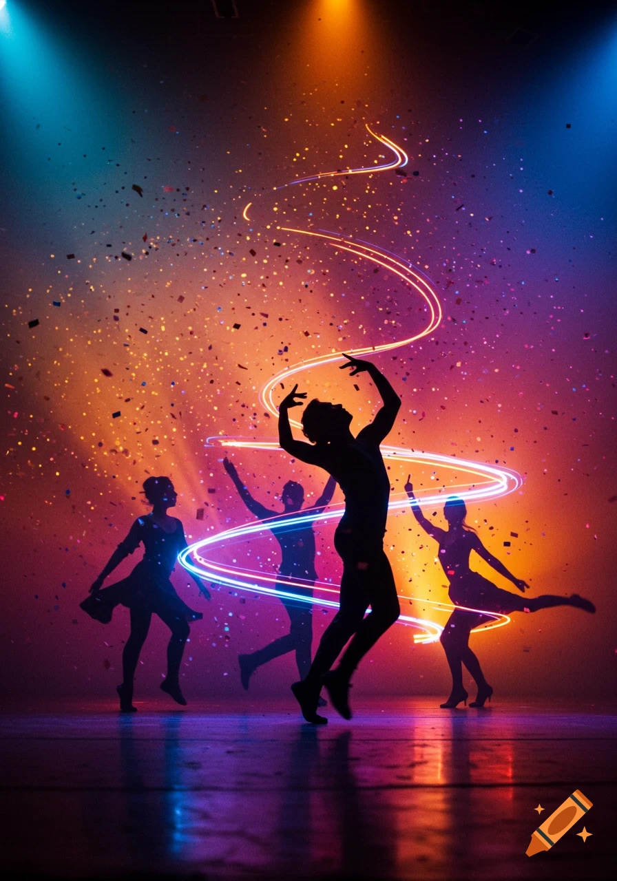 Silhouetted dancers on a stage illuminated by vibrant lights, swirling neon trails, and falling confetti in an artistic style.
