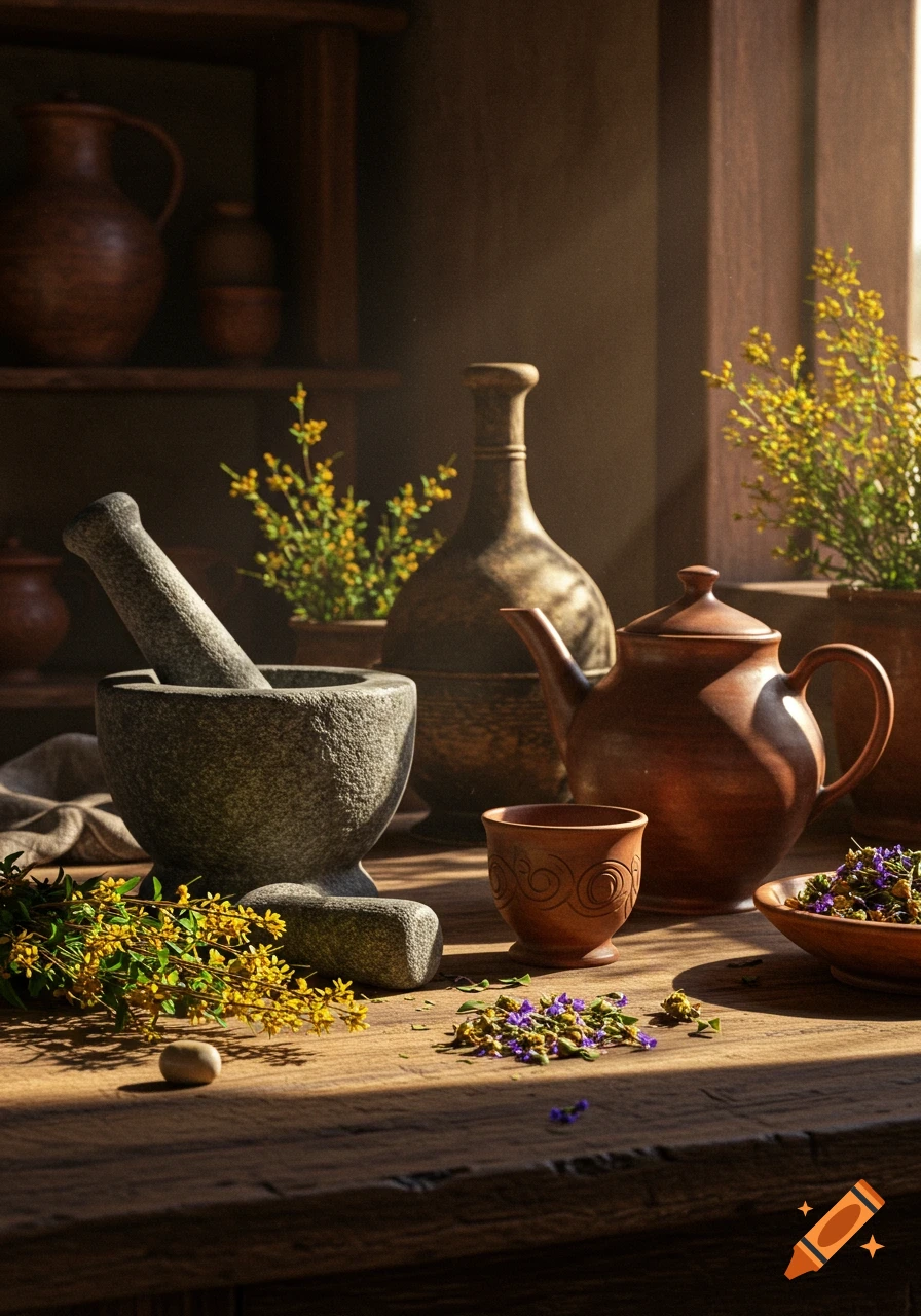 A still life of a stone mortar and pestle, terracotta teapot, cup, and various herbs and dried flowers on a wooden table, bathed in sunlight.