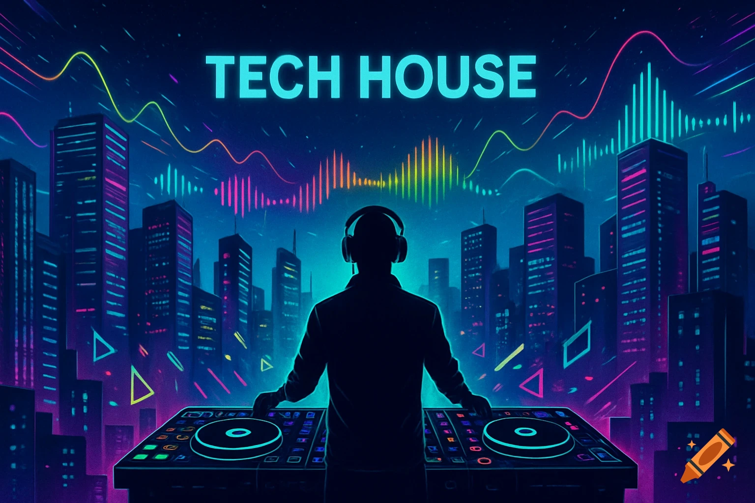 A DJ in silhouette with headphones and equipment in front of a neon city skyline and glowing sound waves, with "TECH HOUSE" text.