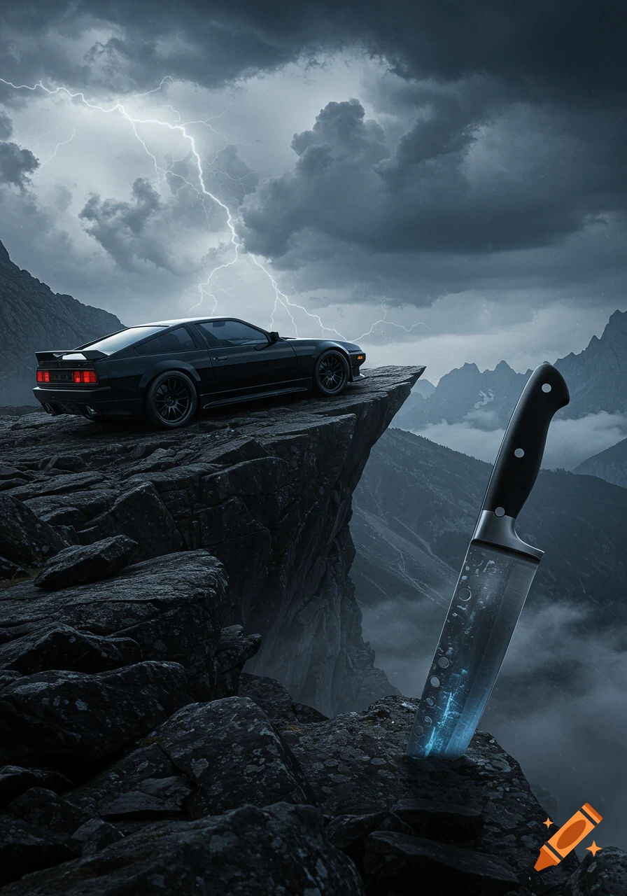 A dark sports car sits precariously on a rocky cliff edge under a stormy sky with lightning, next to a large knife stuck in the rocks.