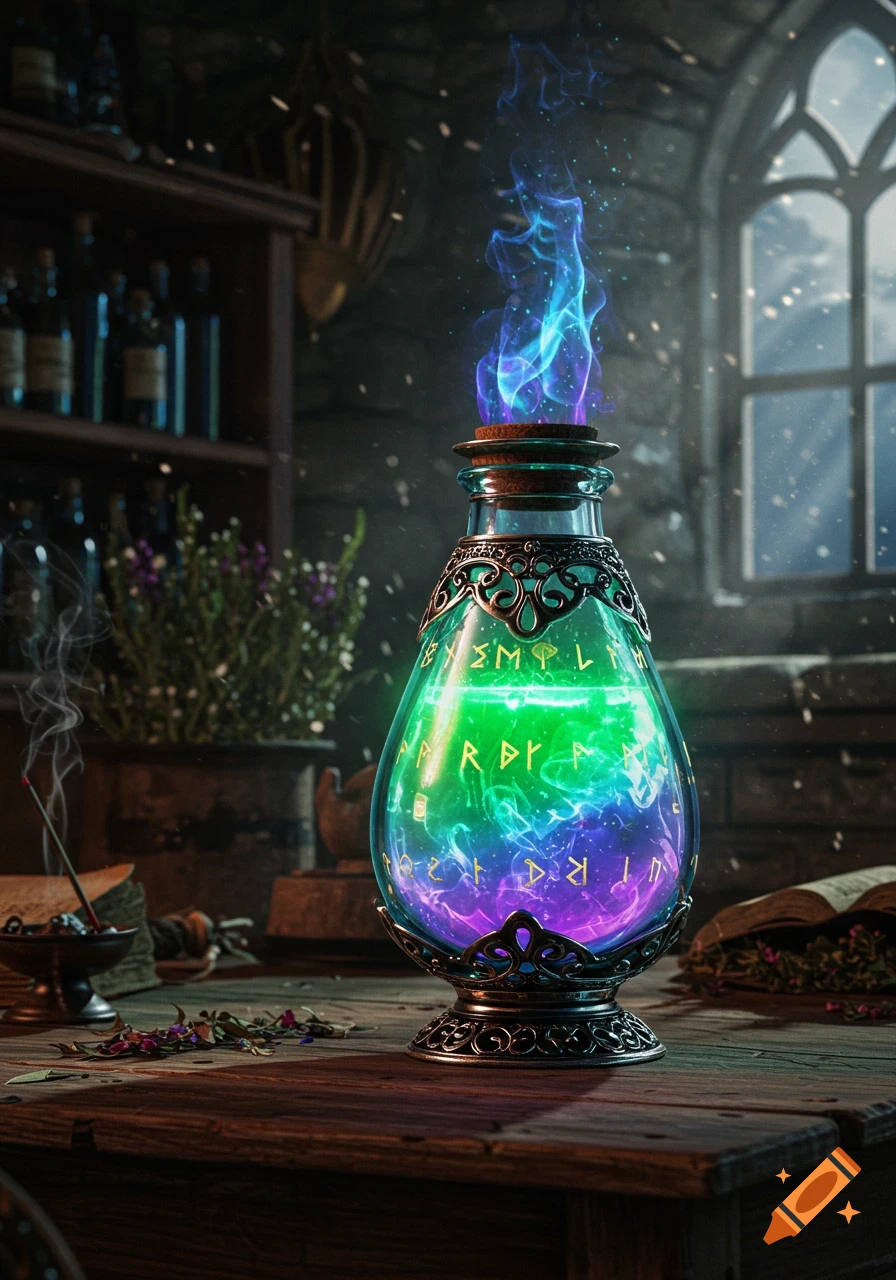 A glowing, iridescent magic potion bottle with runes and blue flame on a wooden table in an alchemist's lab.