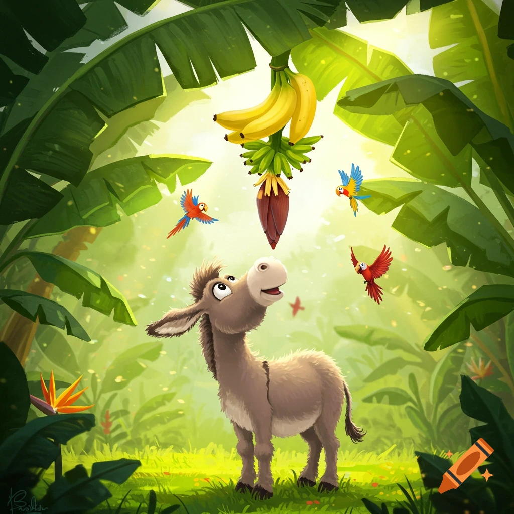 A happy cartoon donkey looks up at a bunch of ripe bananas hanging from a tree in a vibrant, lush jungle with colorful parrots flying.