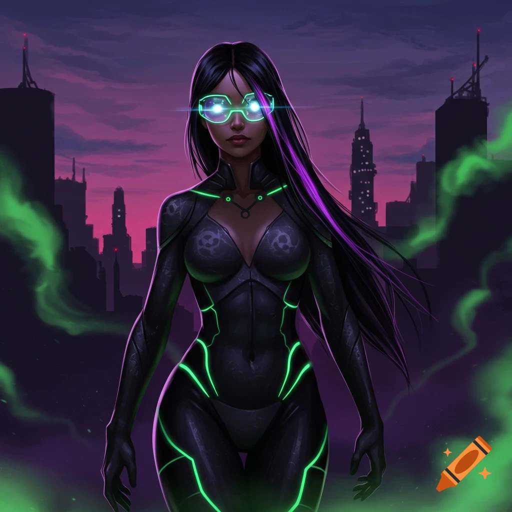 A slender female superhero with glowing green specs, long black hair with a purple streak, and a black suit with green neon lines, stands in a city at dusk amidst green biohazard smoke.