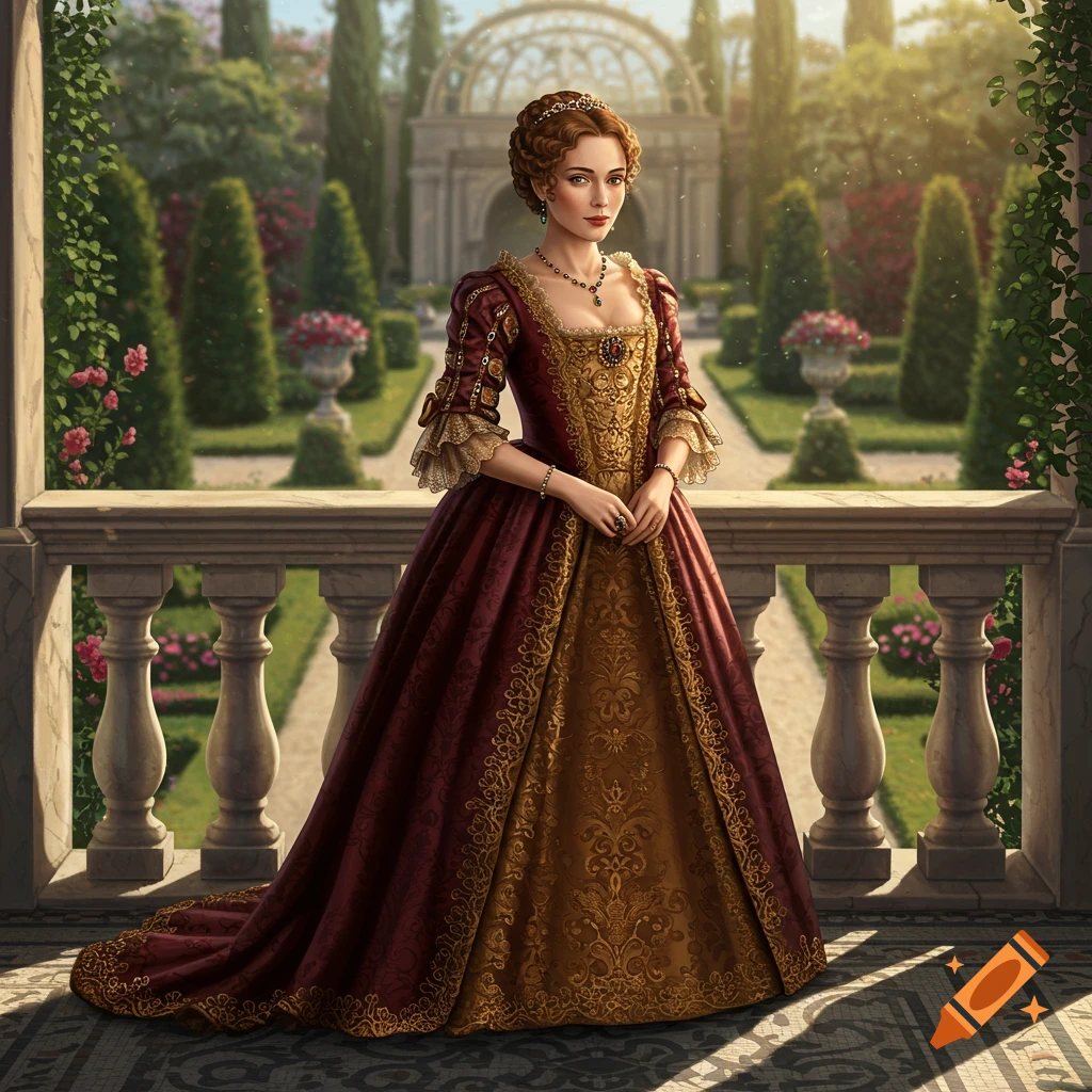 A woman in a richly embroidered red and gold historical gown stands on a balcony overlooking a lush garden.