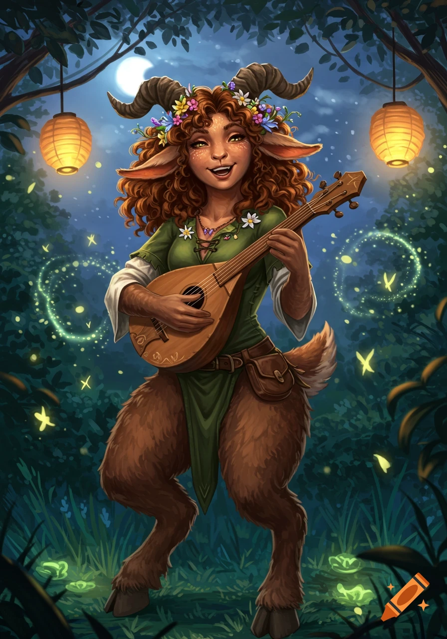 A smiling female satyr bard with curly hair, horns, and flowers plays a lute in a magical moonlit forest. Digital art.