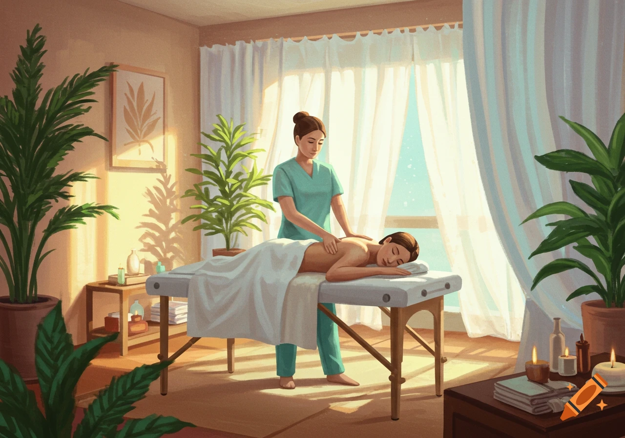A woman receives a back massage from a masseuse in a bright spa room filled with potted plants, depicted in a warm illustration style.