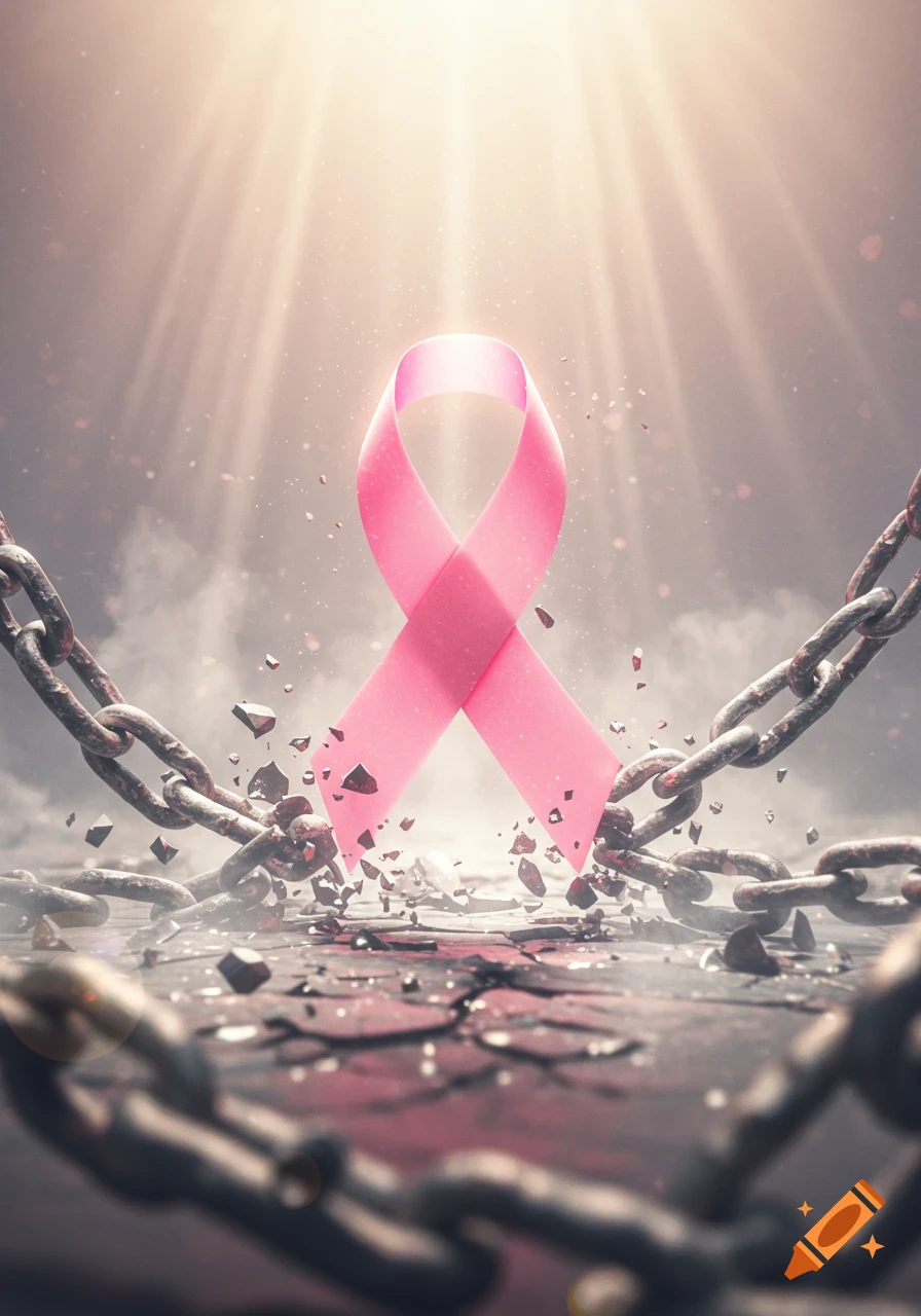 A glowing pink ribbon breaks free from shattered chains on cracked ground, with light rays shining down.