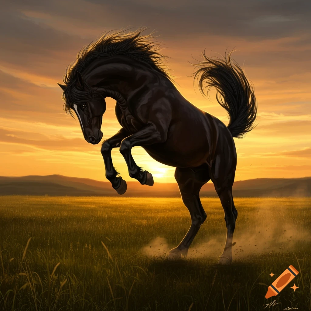 Majestic black horse rearing in a golden field at sunset, kicking up dust, digital painting.
