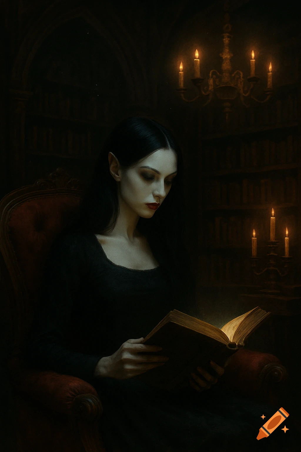 A pale, dark-haired vampire woman with pointed ears reads a glowing book in a dimly lit, gothic library by candlelight.