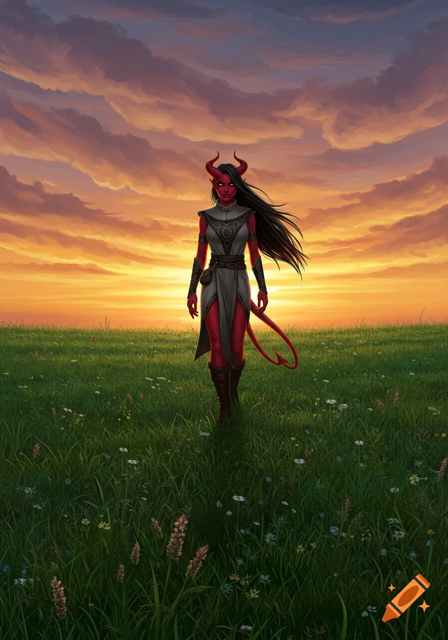 Red-skinned Tiefling woman with black hair and horns walks through a grassy field under a dramatic sunset sky.