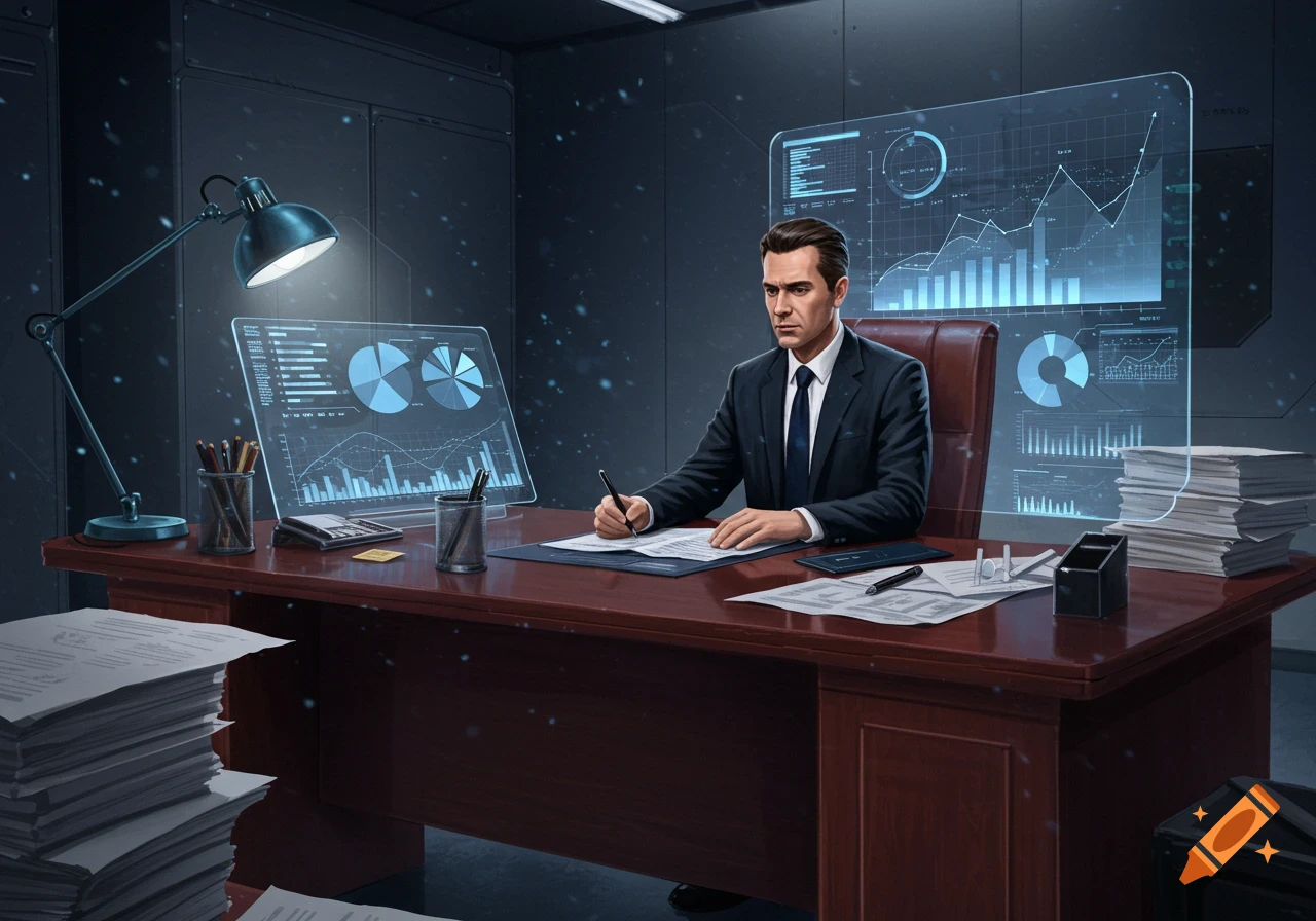 Businessman in a suit at a modern desk with futuristic holographic data screens in a dark office. Digital art.
