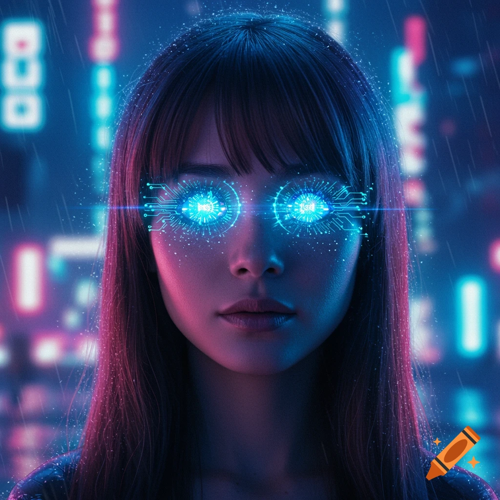 Close-up of a woman with glowing blue circuit board eyes in a futuristic, neon-lit, rainy cyberpunk city.
