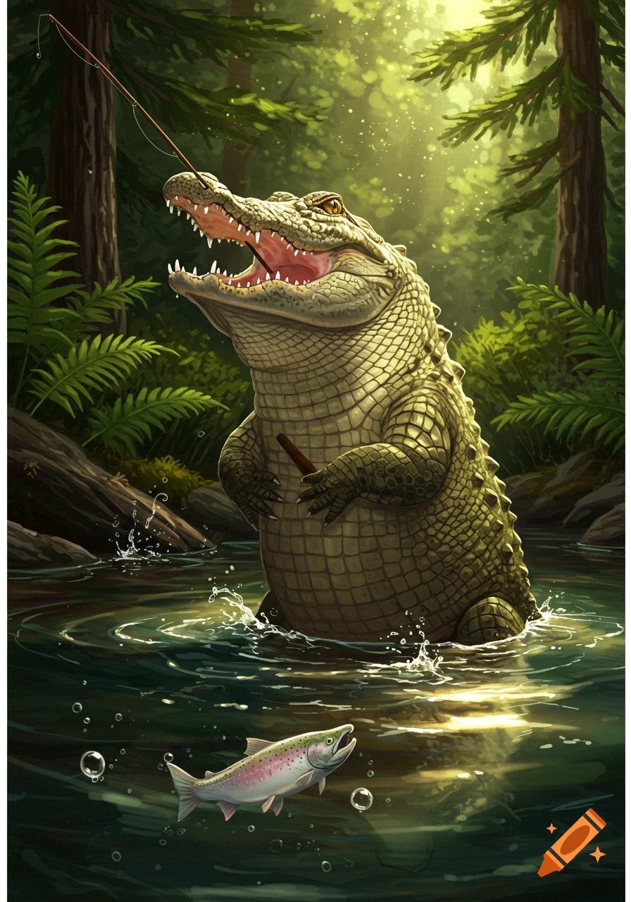 A stylized fat alligator stands in a sunlit stream, holding a fishing rod, with a salmon swimming in the clear water.